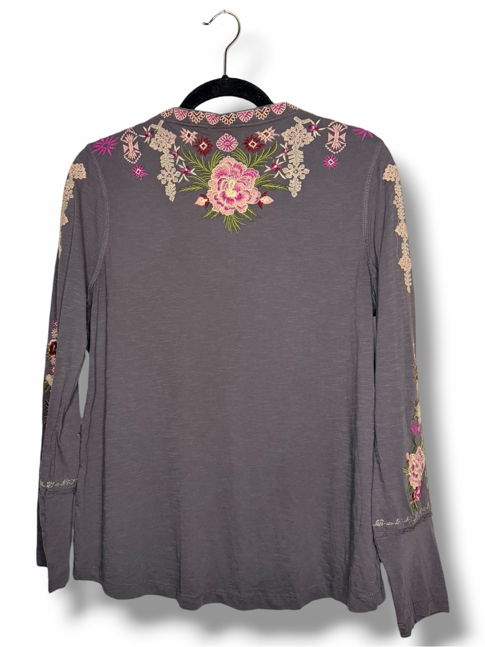 Sundance Blackpearl Gray Glacier Garden V-Neck Floral Embroidered Top Medium - Picture 7 of 9